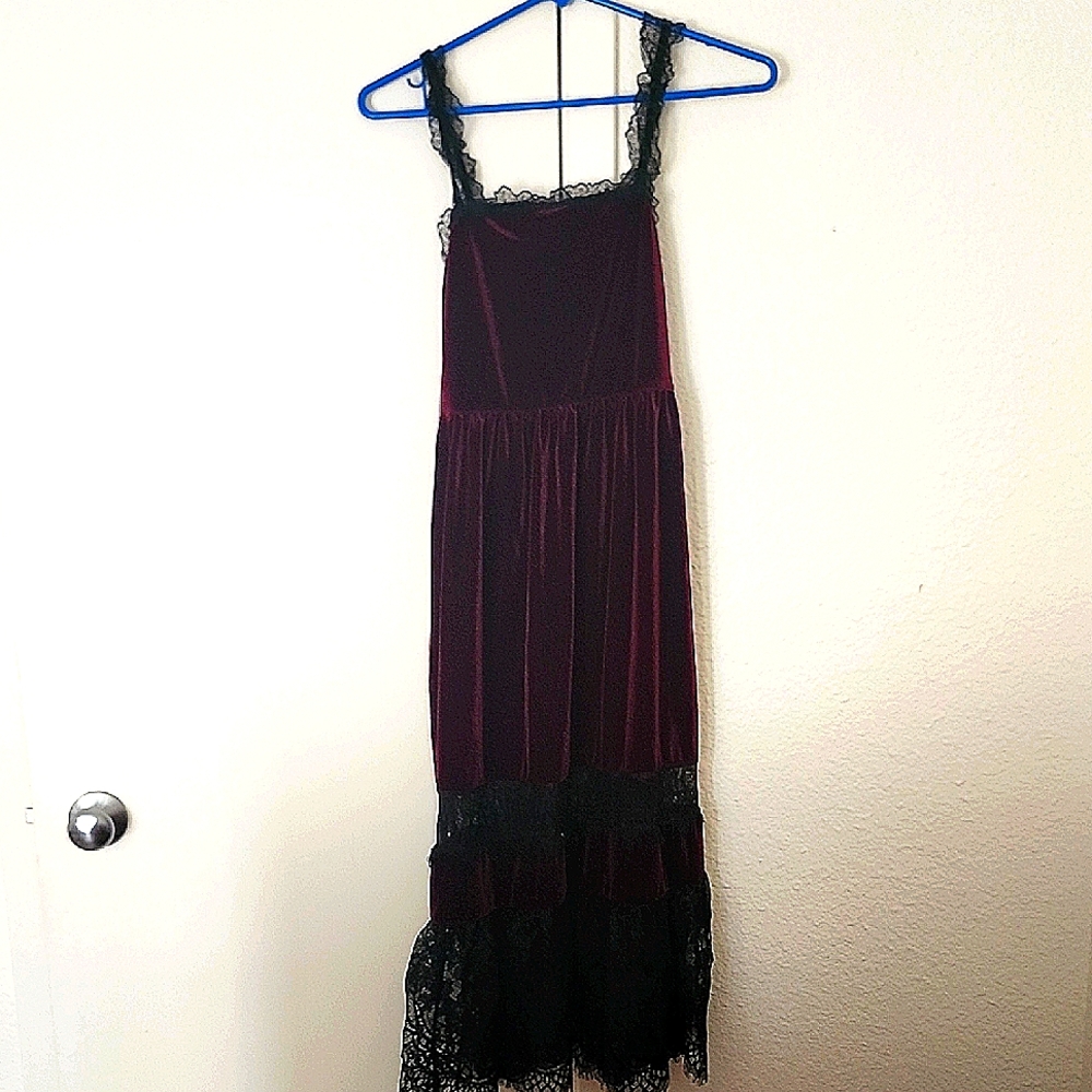 Velvet Burgundy Dress with Black Lace Trim